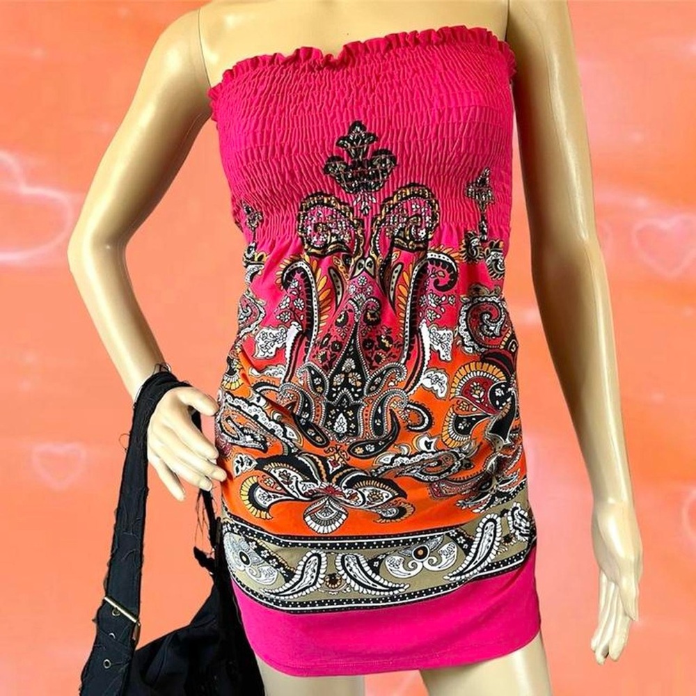 Y2K Vibrant Colorful Paisley Strapless Summer Dress - Picture 3 of 5